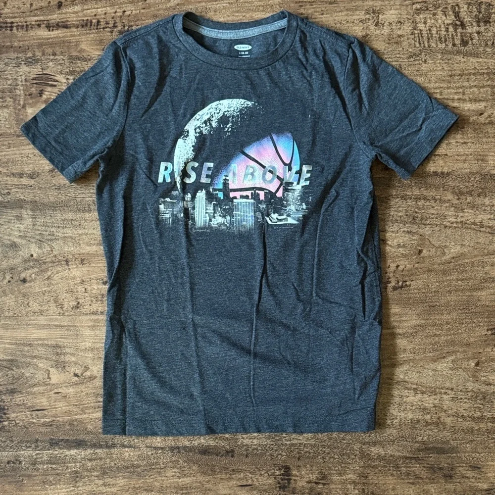 Gray Graphic Tee with Moon and City Basketball design